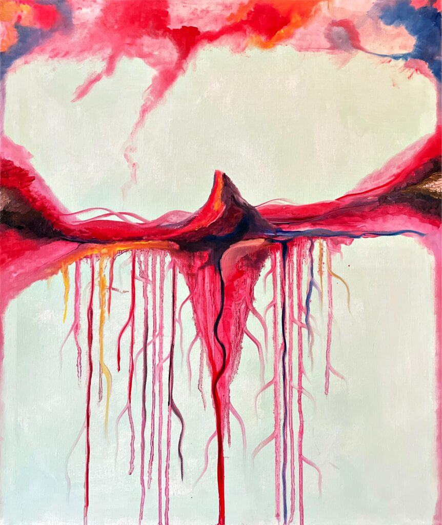 An abstract image that contains white, red and blue tones; it brings to mind the sun rising over a rugged landscape.