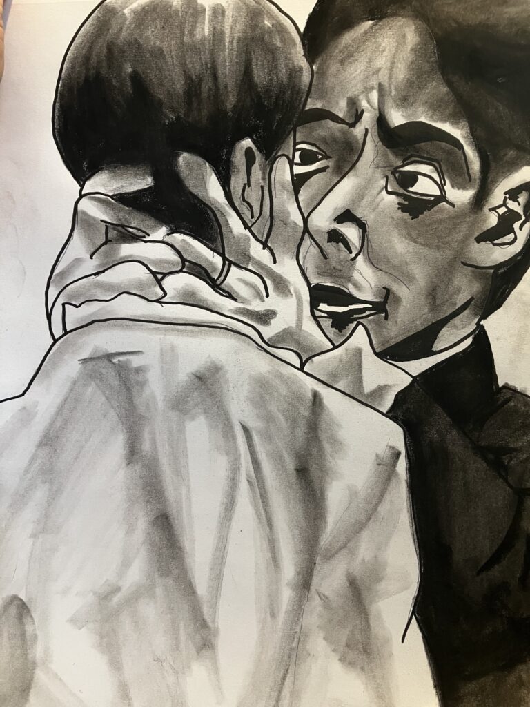 Uncanny image of two people embracing in black and white.