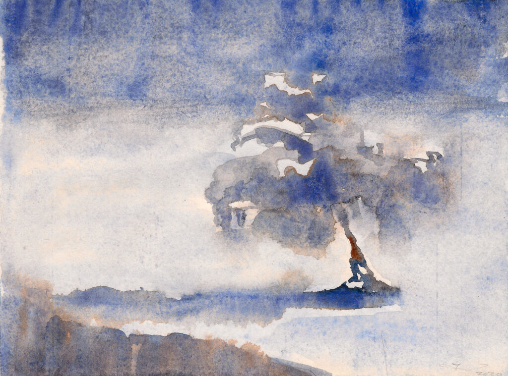 A peaceful watercolor image of a tree under a dynamic sky, painted in blue and white tones.