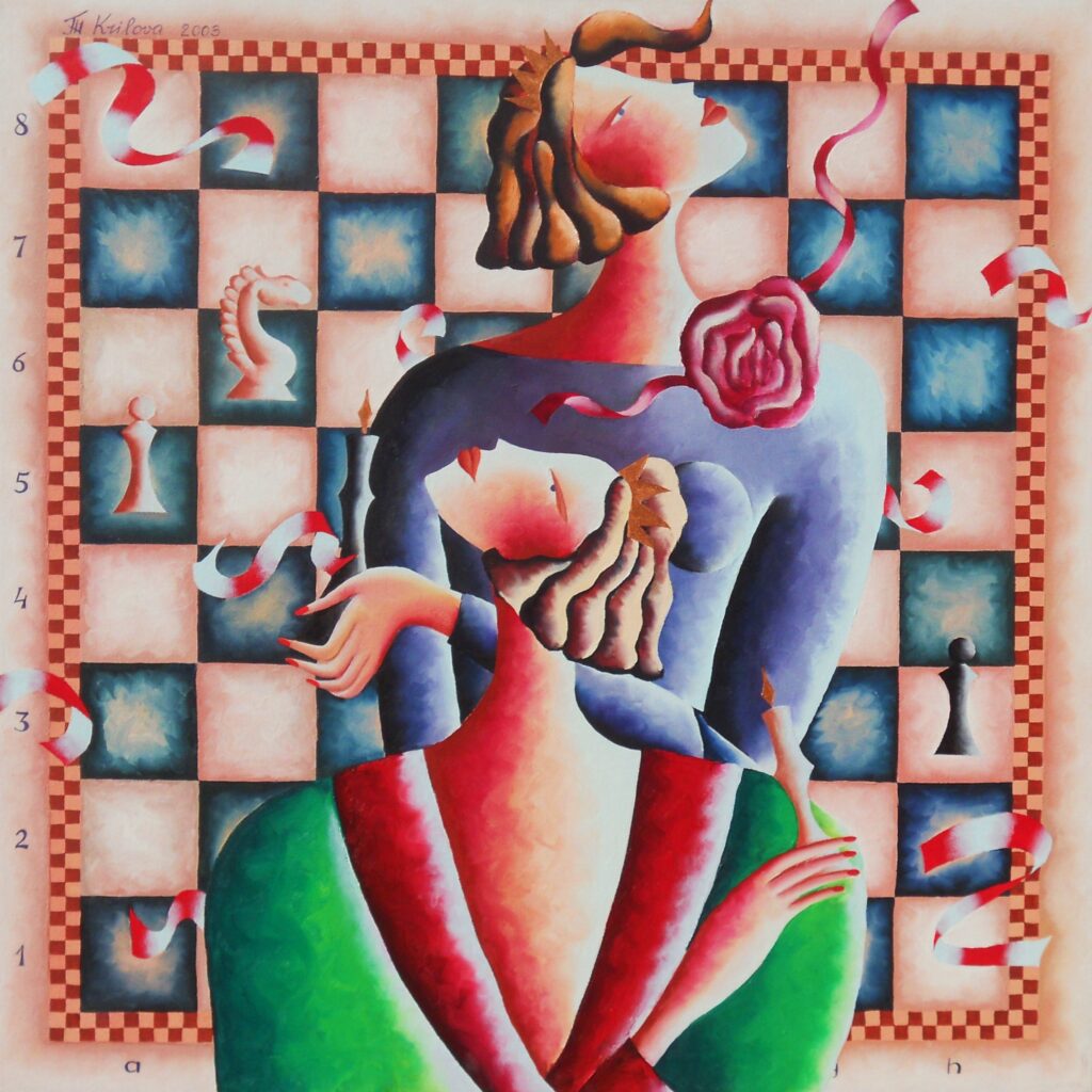 A stylized image of two women facing each other, evocative of queens in a deck of cards.