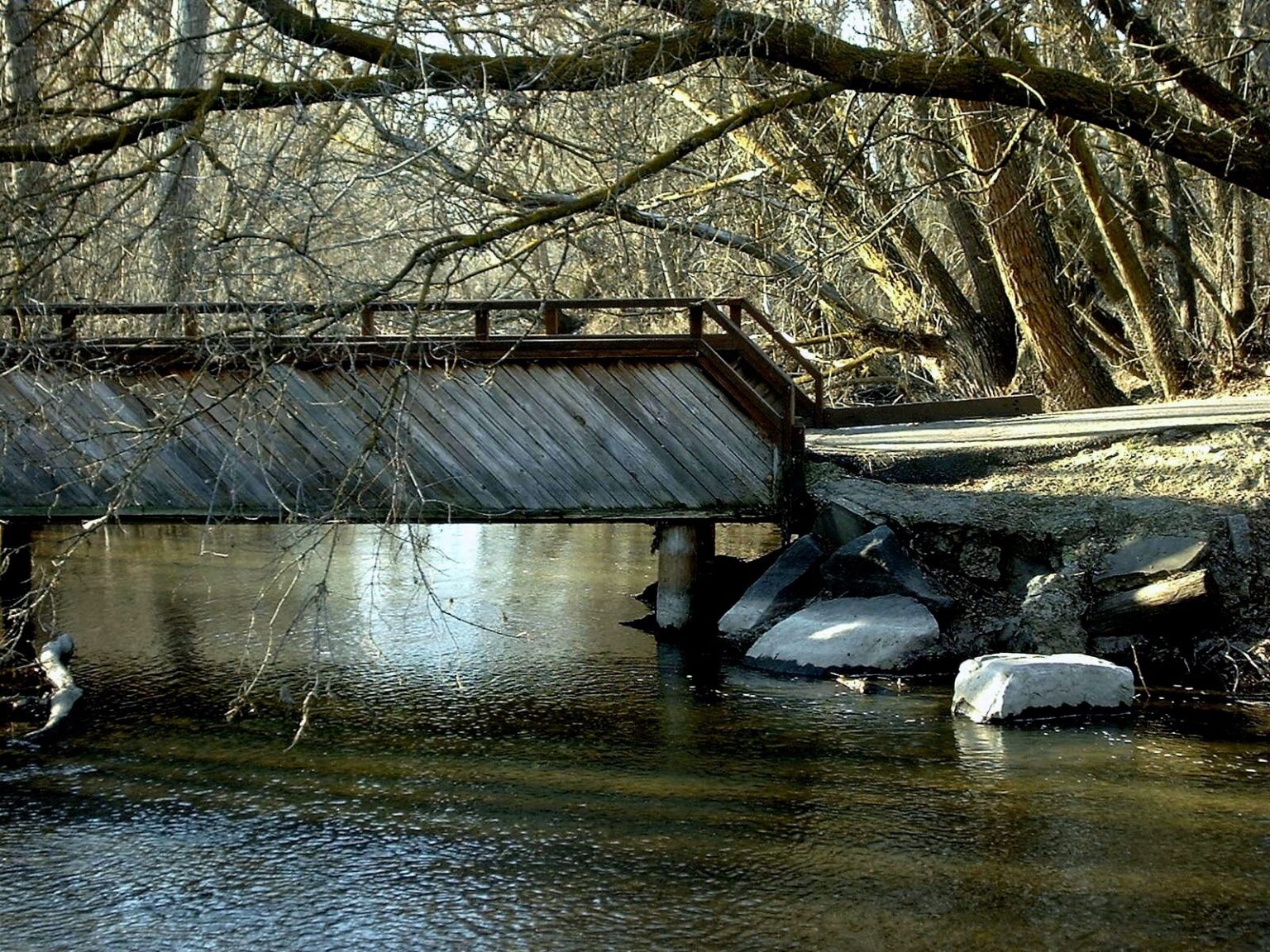 A peaceful scene of a bridge spanning a river, shaded by dark green trees.