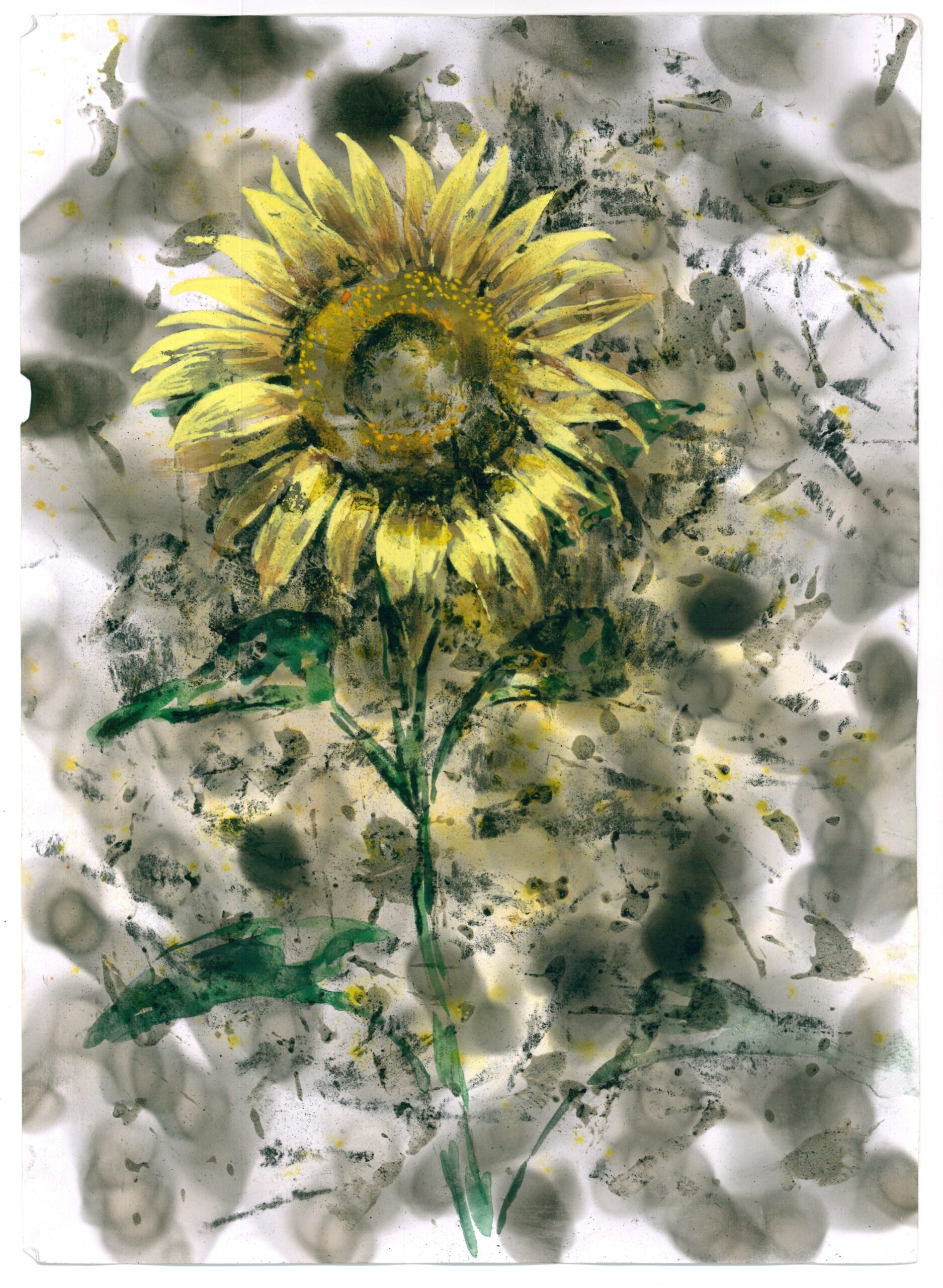 An impressionistic sunflower turns towards the light, against a moody background.
