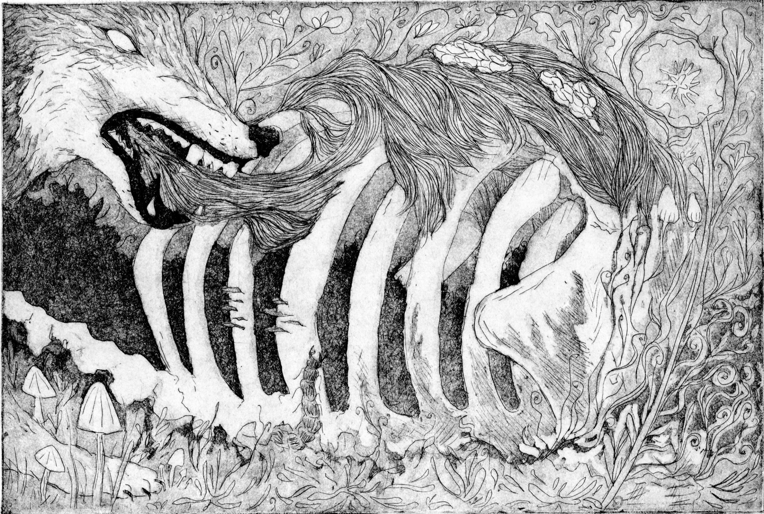 A wolf eating meat off a ribcage with plants growing up and around it.
