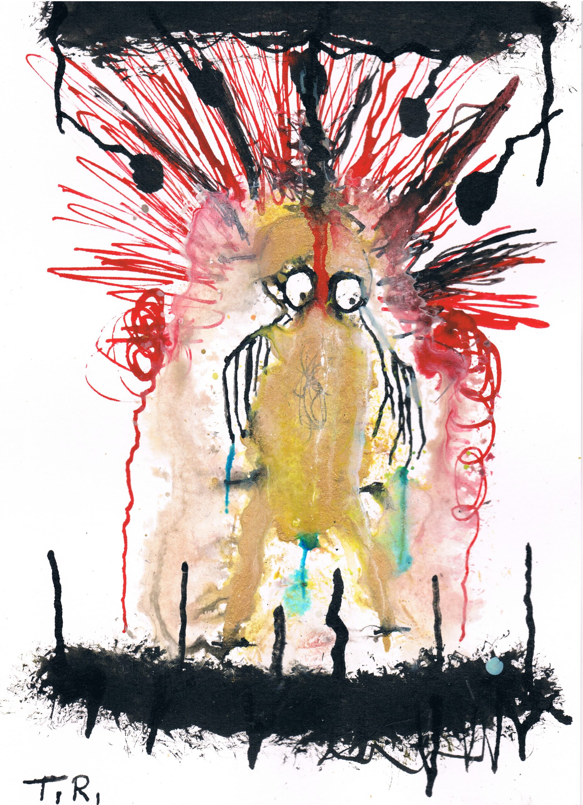 An abstracted image of a face, painted with red, black and yellow shades, evoking a chaotic mood.
